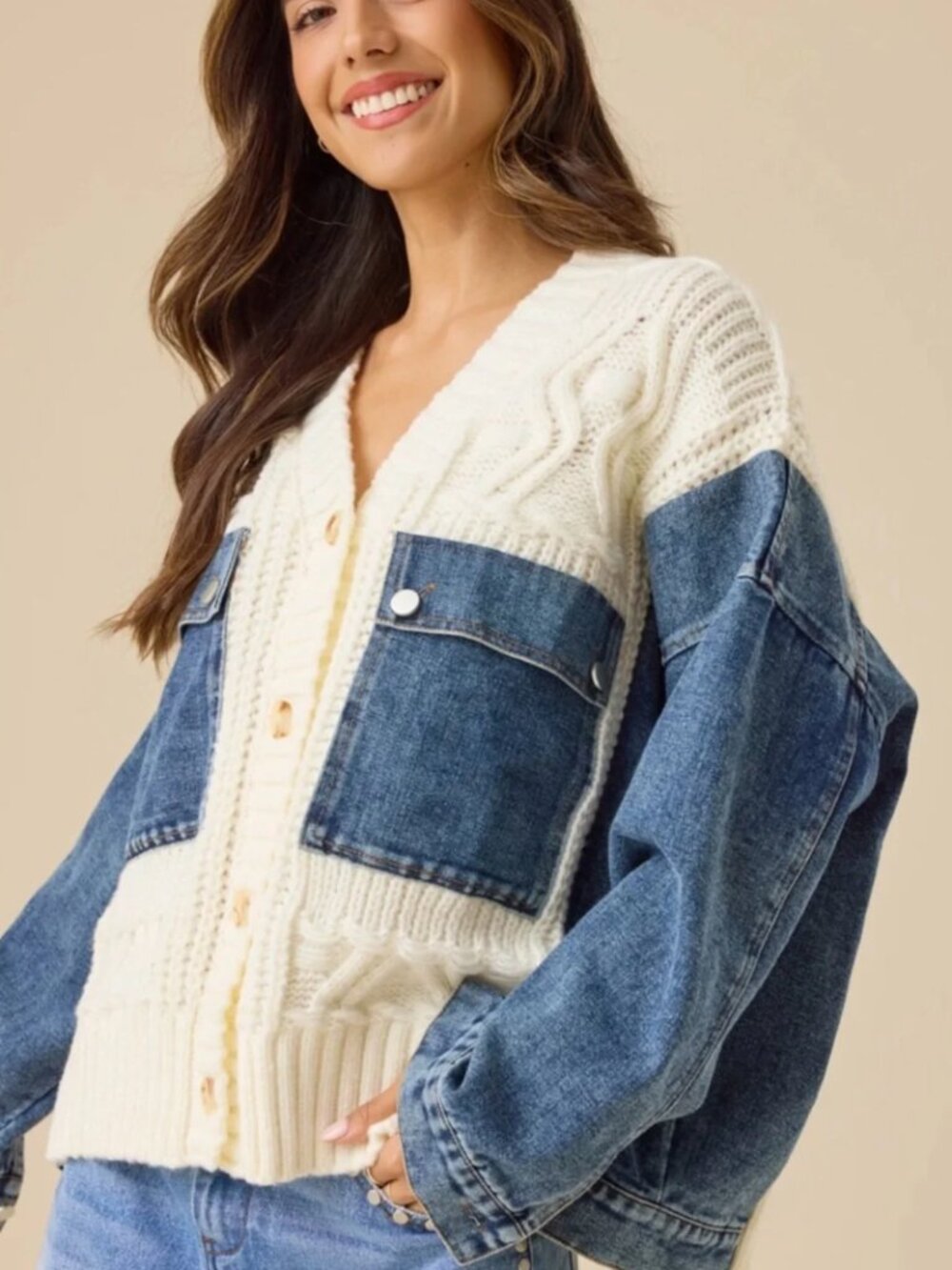 Altar'd State Chunky Cable Knit Denim Combo Button Cardigan Jacket Cream Size M
